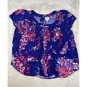 St Johns Bay Womens PL Blue Floral Pleated Rayon Cap Sleeve Blouse Petite Large